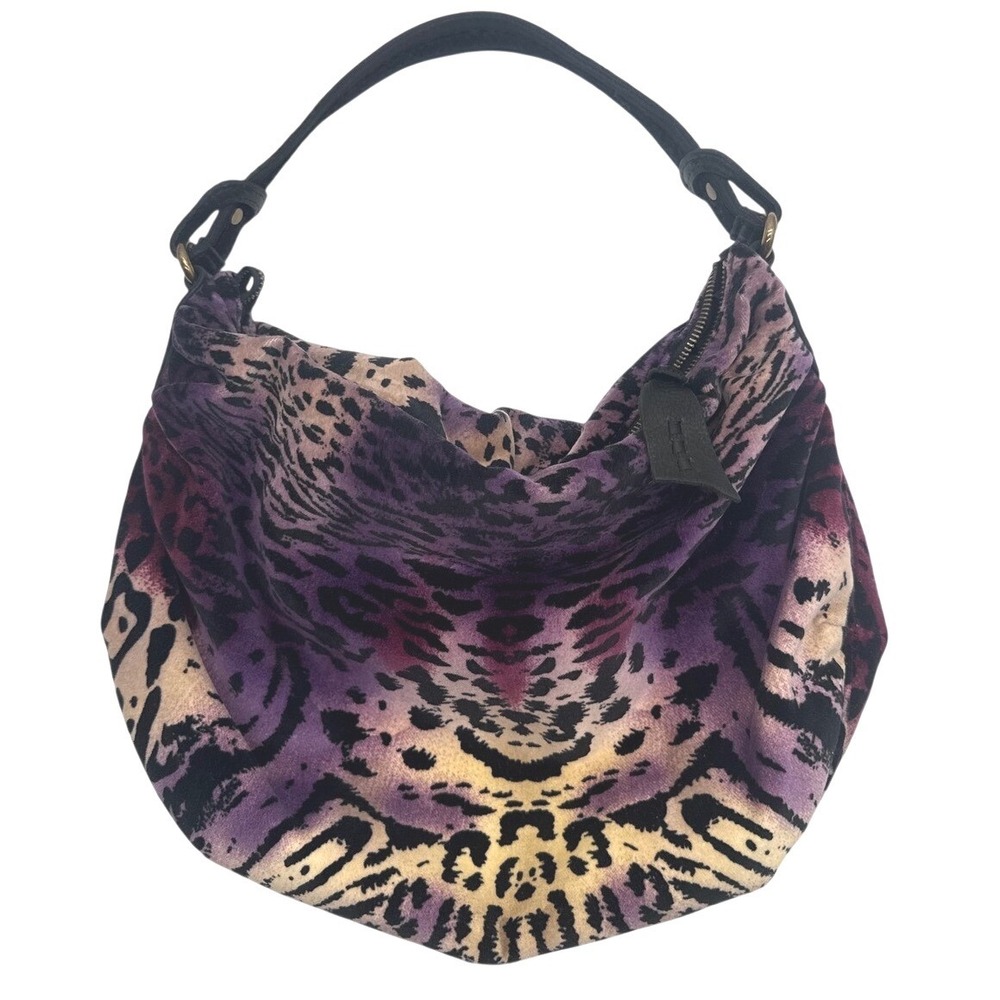 Lucky Brand Purple Leopard Print Velvet Hobo Bag Black Leather Trim Bohemian